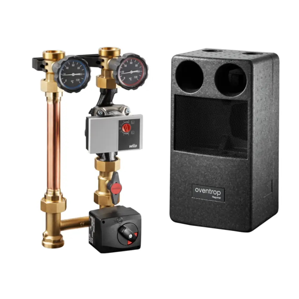 Heizkreisstation mit Doppeldruckmanometer, Ventilsteuerung und Wilo-Pumpe. Oventrop-Regelungseinheit im kompakten Gehäuse für Heizungsanwendungen.